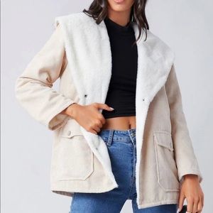 NEW Without Tags Beige/Light Pink Oversized Corduroy Furry Teddy Collar Jacket